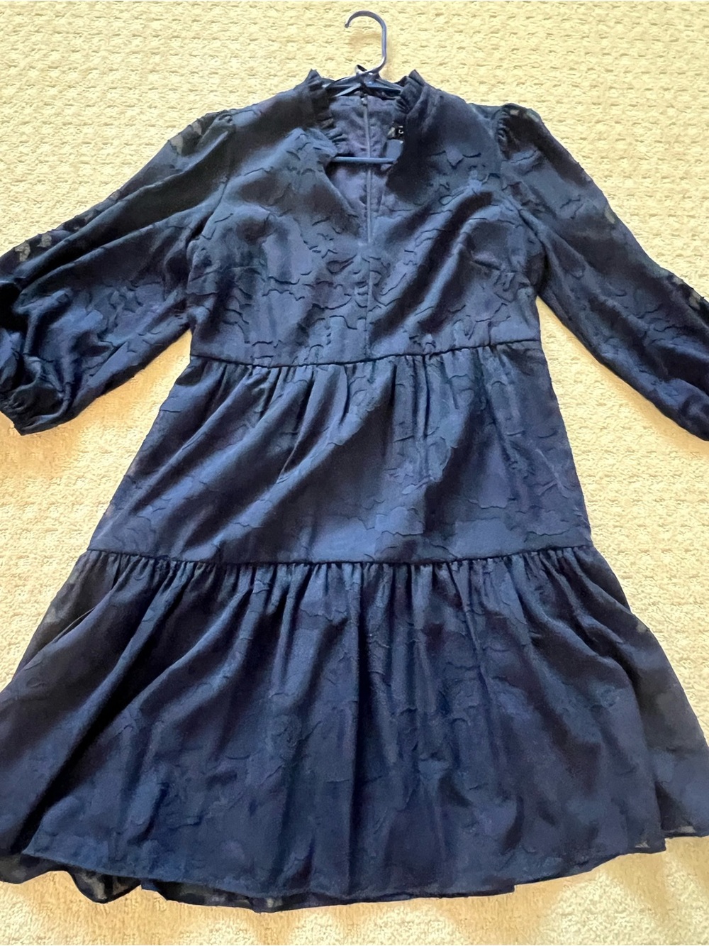 Jessica Howard Navy Textured Tiered Long Sleeve Dress